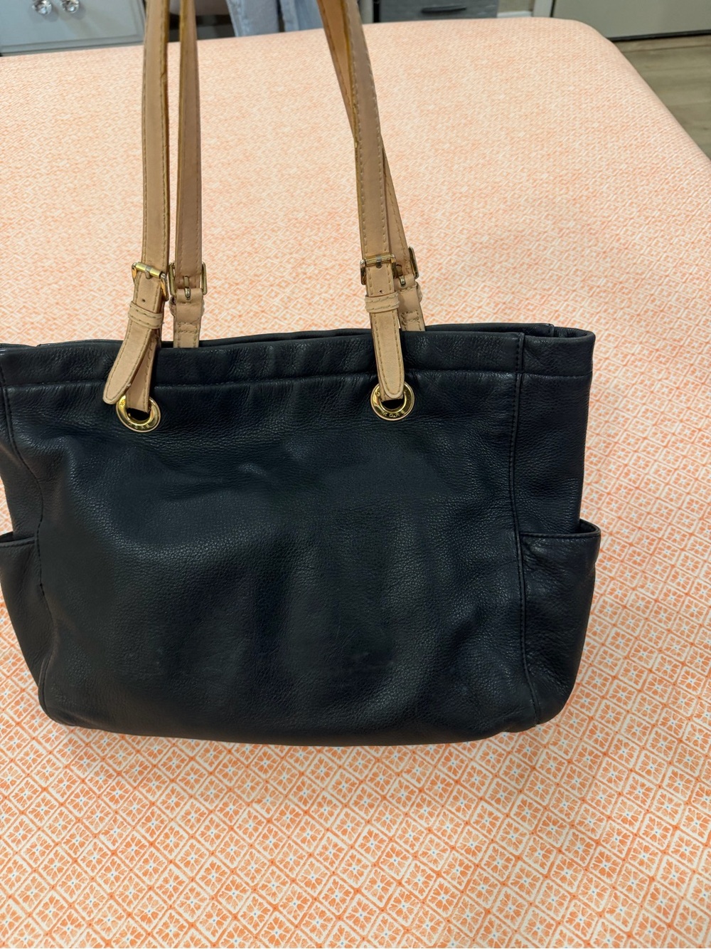 Michael Kors Black Leather Shoulder Tote with Tan Straps - Picture 3 of 6